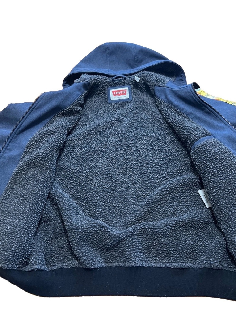 Levi’s Men’s Hooded Softshell Sherpa Jacket Medium M Navy Blue Full Zip Warm